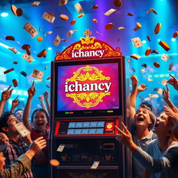 A vibrant and dynamic scene featuring a betting machine prominently displaying the logo 'ichancy' in an ornate style