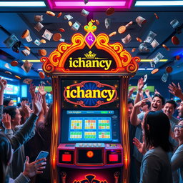 A vibrant and dynamic scene featuring a betting machine prominently displaying the logo 'ichancy' in an ornate style
