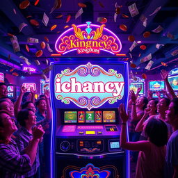 A vibrant and dynamic scene featuring a betting machine prominently displaying the logo 'ichancy' in an ornate style