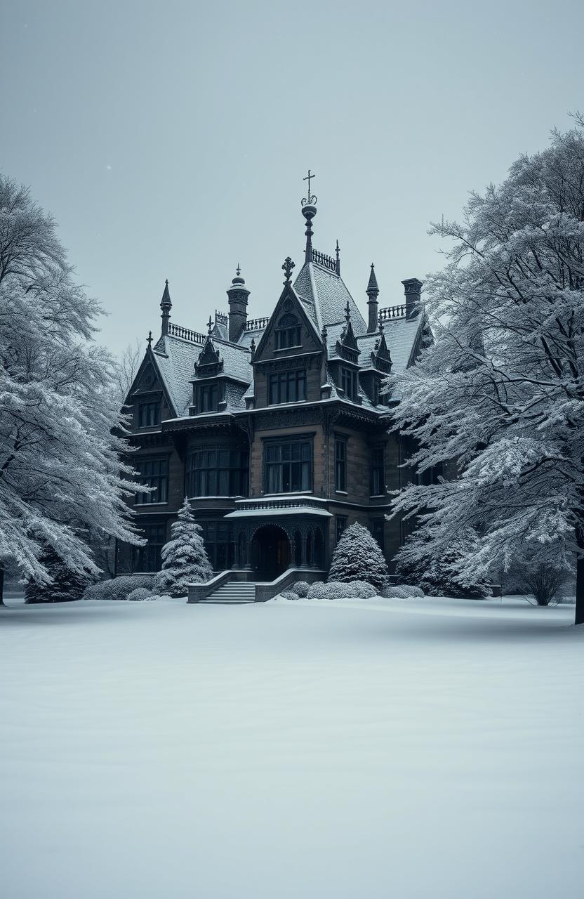A dark, old mansion beautifully covered in snow during a tranquil winter scene