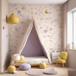 A Japandi styled baby girl's room in tones of beige, purple, and yellow, equipped with a single bed, a window spanning an entire wall, and bird-themed wallpaper.