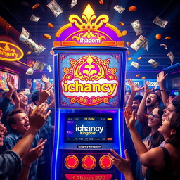 A vibrant and dynamic scene featuring a betting machine prominently displaying the logo 'ichancy' in an ornate style