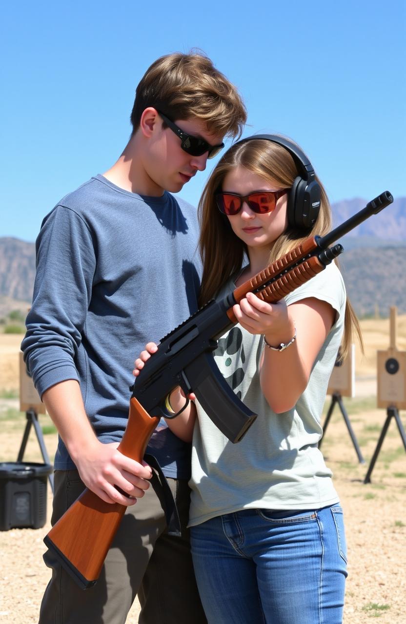 A young couple in an outdoor shooting range, with a scenic view of mountains in the background
