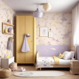 A Japandi styled baby girl's room in tones of beige, purple, and yellow, equipped with a single bed, a window spanning an entire wall, and bird-themed wallpaper.