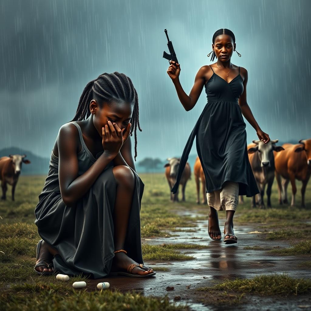A powerful and emotional scene depicting a 17-year-old African teenage girl, crying on her knees, clutching a pill in her hand