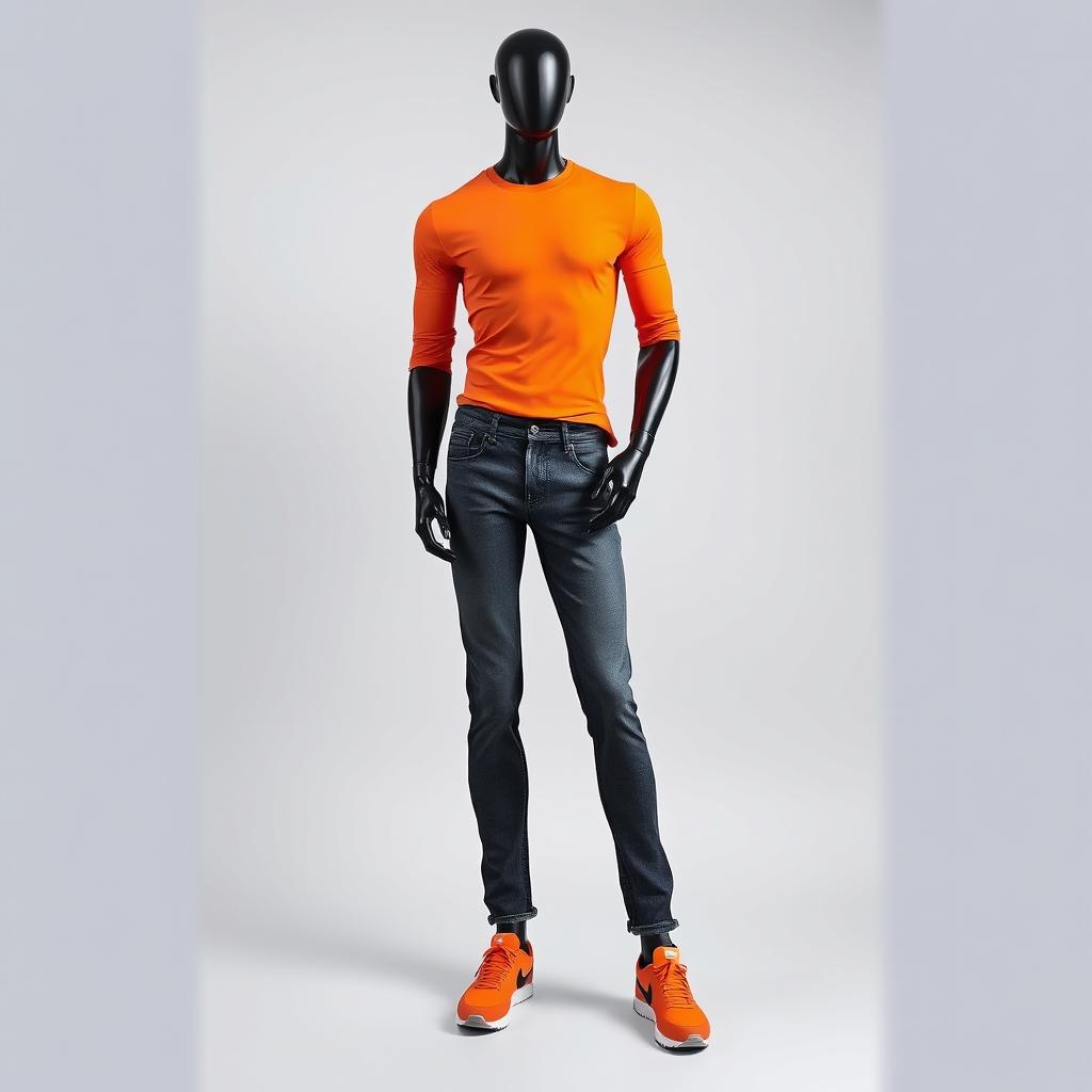 A male mannequin without a head, dressed in tight-fitting clothes