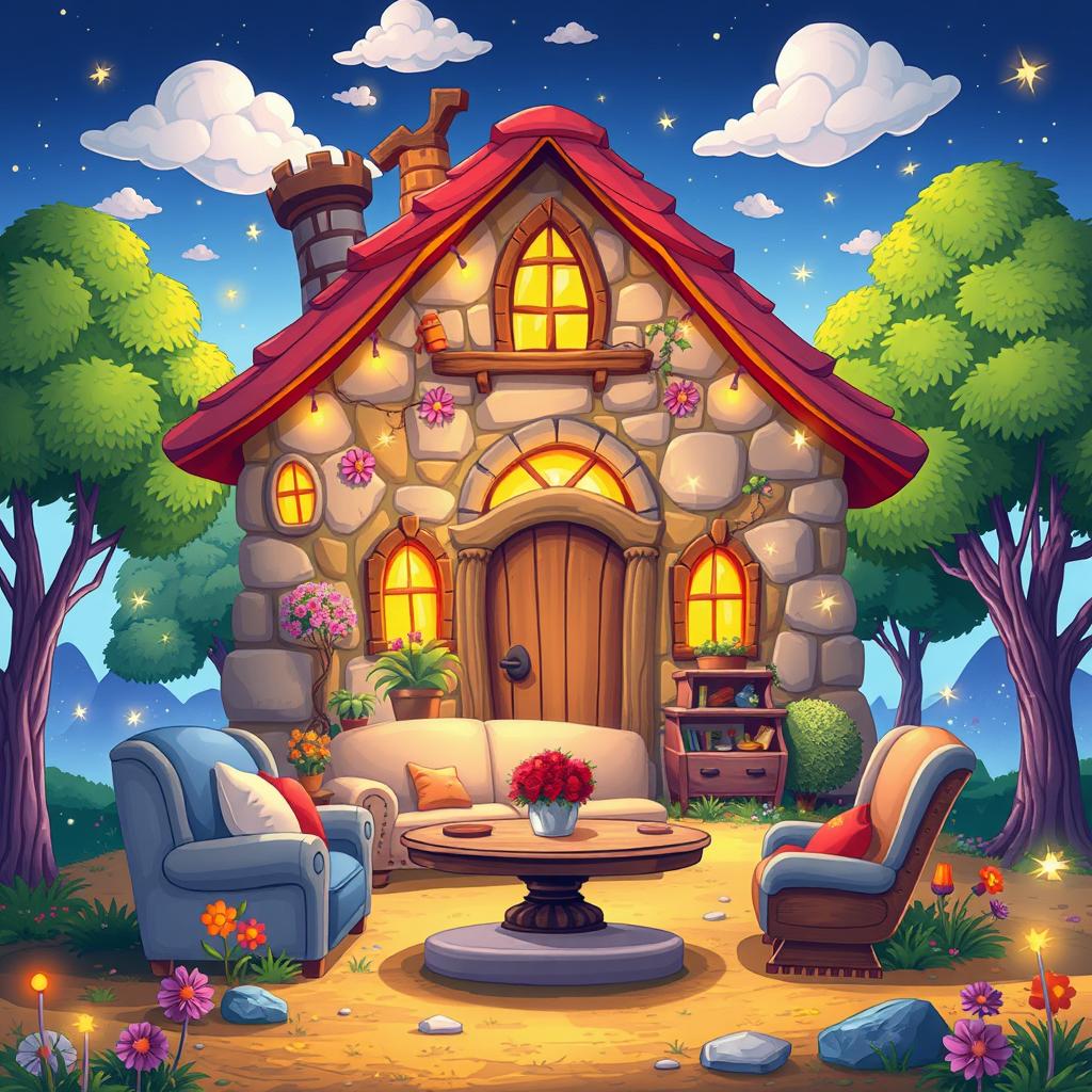 A whimsical cartoon-style illustration of a giant's house, featuring oversized furniture such as a huge sofa and an enormous dining table