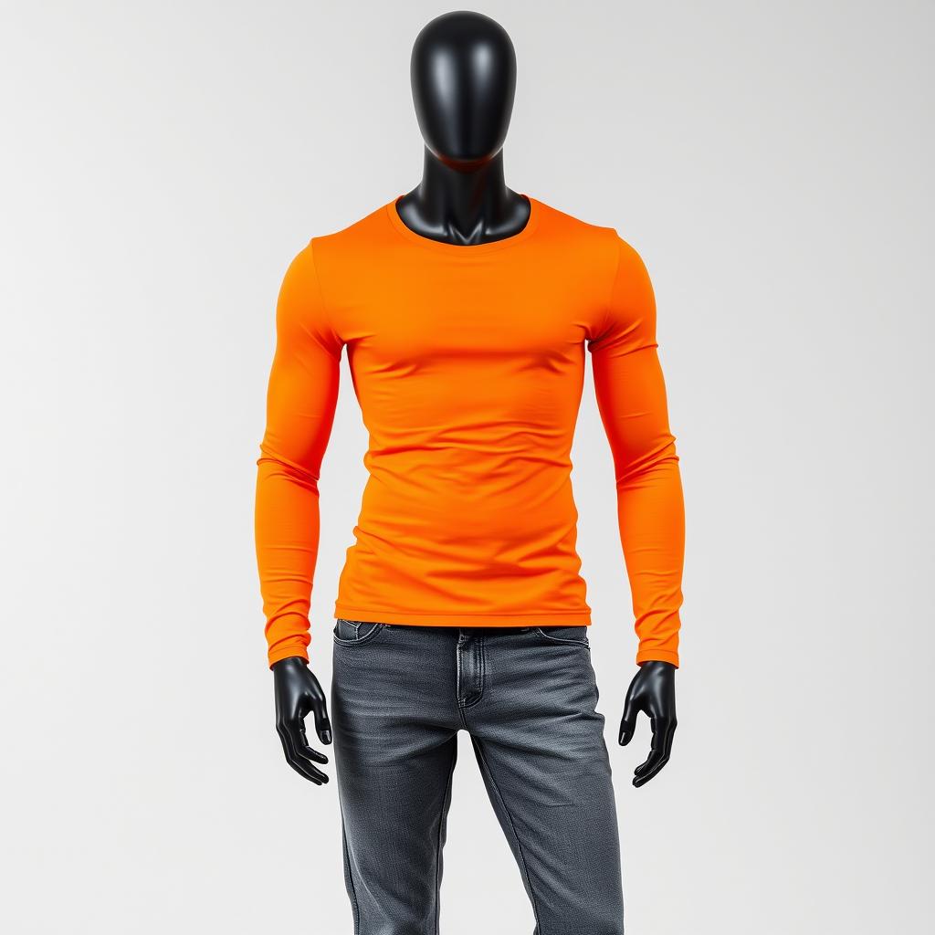 A male dummy without a head, dressed in a fitted orange long-sleeved T-shirt without a collar