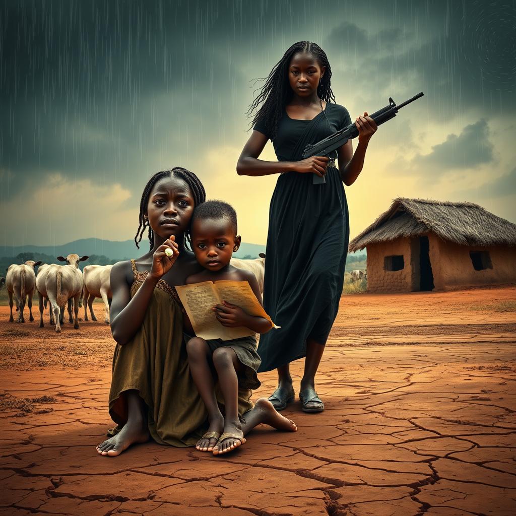 A poignant scene depicting a 17-year-old African teenage girl crying on her knees, clutching a pill in her hand
