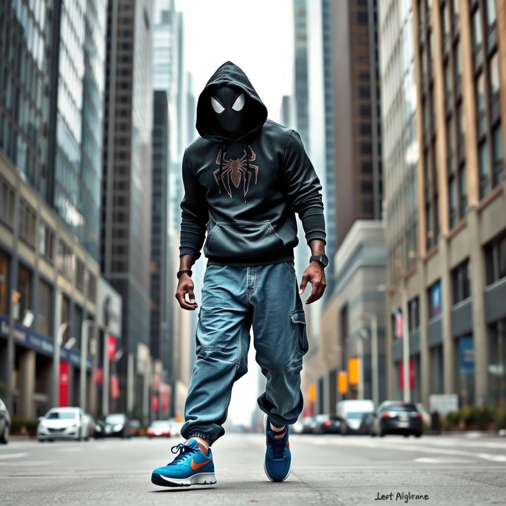 A black superhero resembling a spider character walking confidently down a city street surrounded by towering skyscrapers