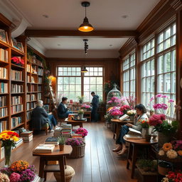 A charming bookshop with a cozy atmosphere, filled with shelves of books and vibrant flowers for sale