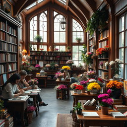 A charming bookshop with a cozy atmosphere, filled with shelves of books and vibrant flowers for sale