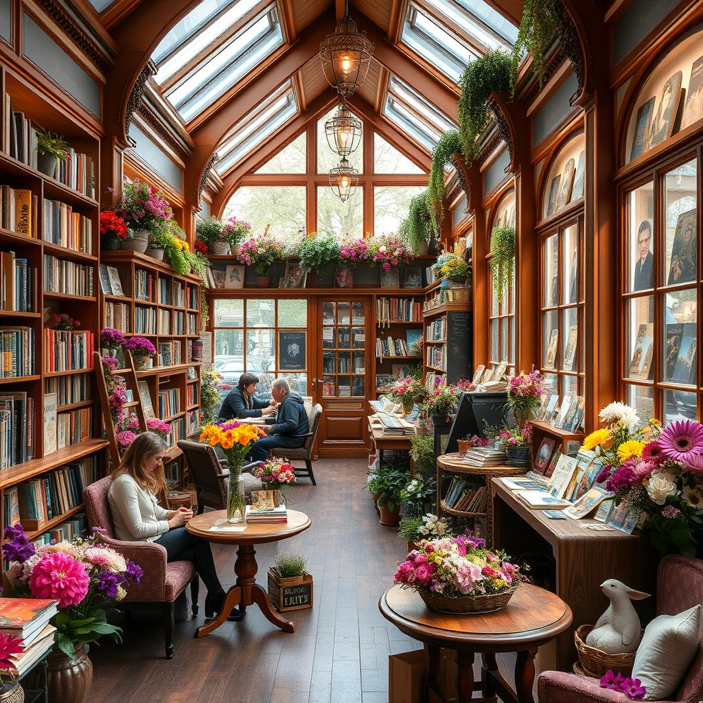 A charming bookshop with a cozy atmosphere, filled with shelves of books and vibrant flowers for sale