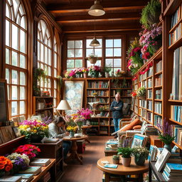 A charming bookshop with a cozy atmosphere, filled with shelves of books and vibrant flowers for sale