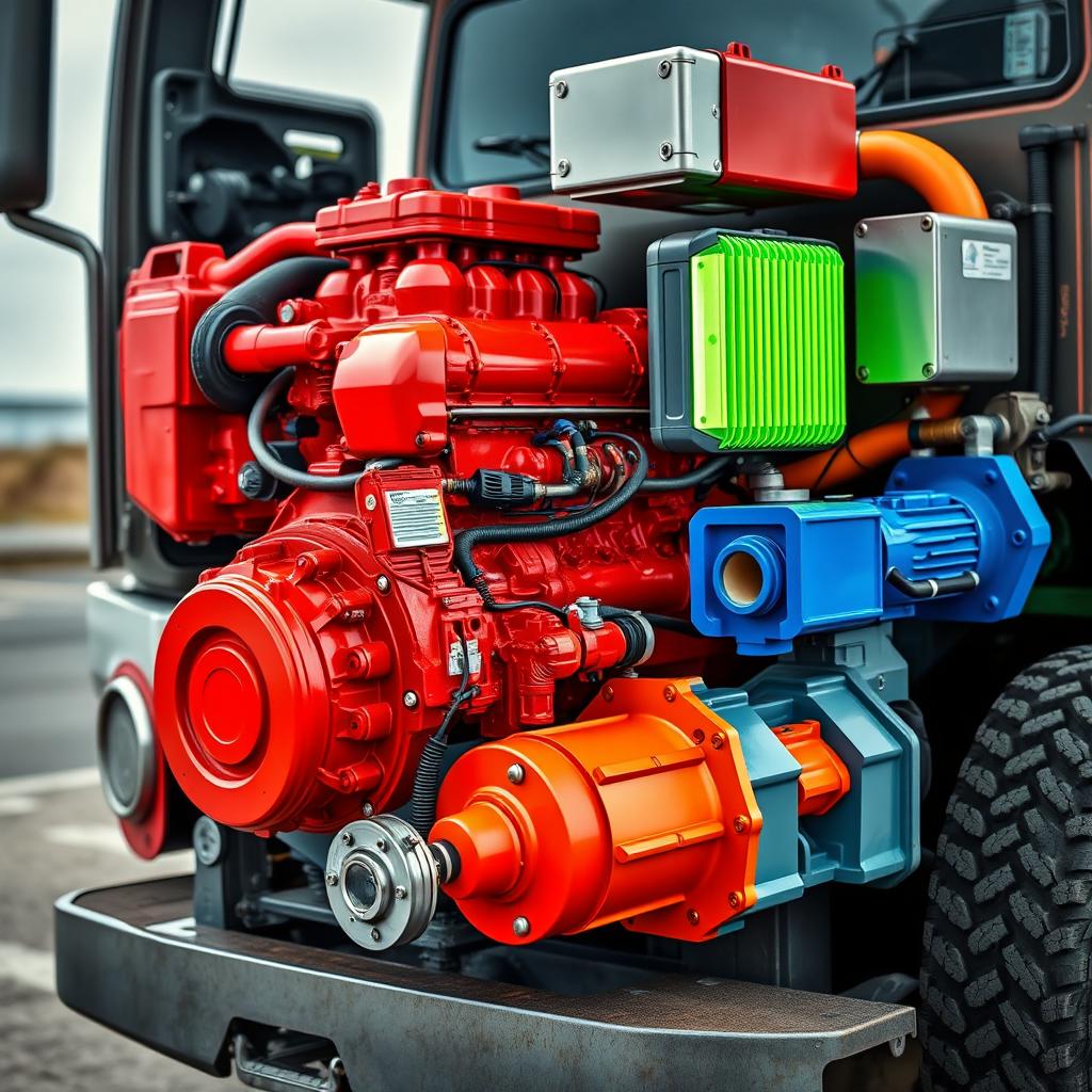 A detailed and dynamic image of a truck, showcasing its powerful components prominently