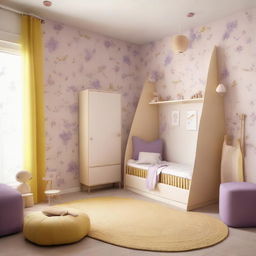 A Japandi styled baby girl's room in tones of beige, purple, and yellow, equipped with a single bed, a window spanning an entire wall, and bird-themed wallpaper.