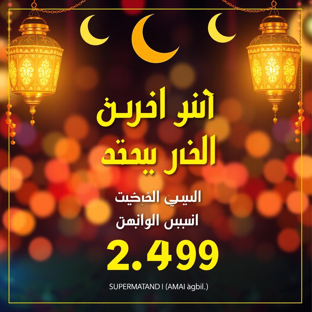 An advertisement image for Ramadan featuring elegant decorations such as lanterns and crescent moons