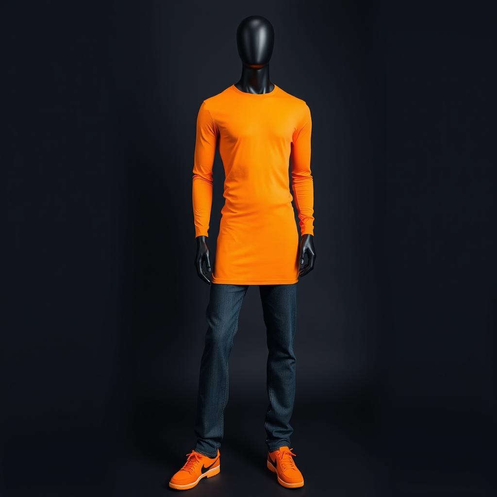 A headless male mannequin dressed in a tight-fitting orange long-sleeved T-shirt without a collar, paired with long denim pants that also fit snugly