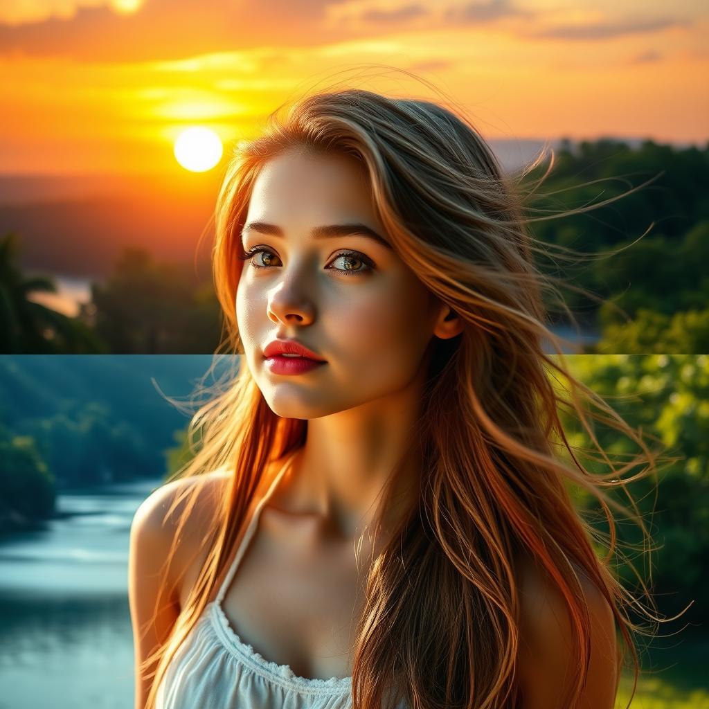 A stunning image merging two scenes, featuring a girl with natural beauty and no makeup, maintaining her face's details