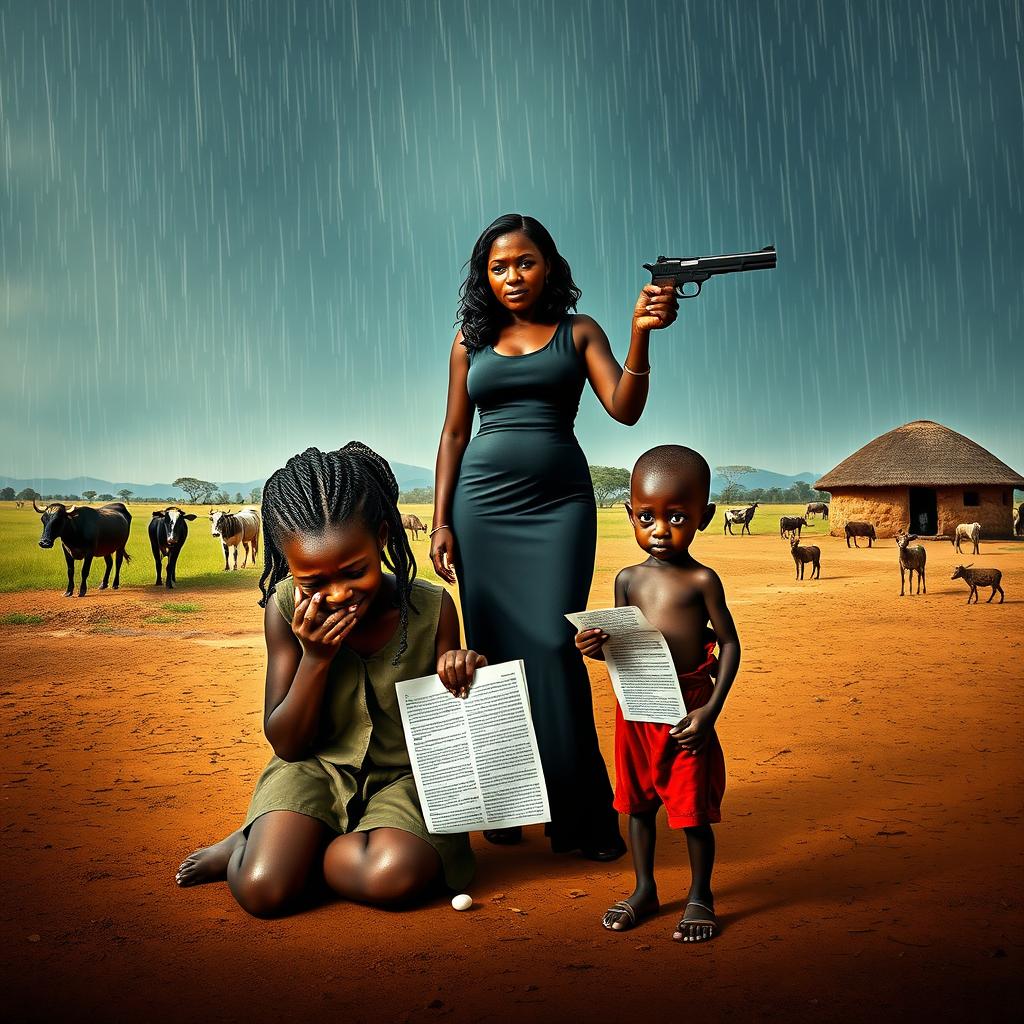 A poignant and emotionally charged scene featuring a 17-year-old African teenage girl, crying on her knees, holding a pill in her hand