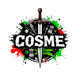 A striking circular design featuring the letters 'COSME' prominently displayed in the center with an aggressive and edgy font