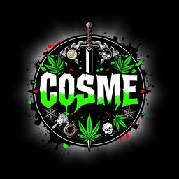 A striking circular design featuring the letters 'COSME' prominently displayed in the center with an aggressive and edgy font