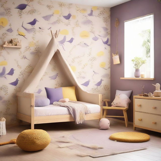 A Japandi styled baby girl's room in tones of beige, purple, and yellow, equipped with a single bed, a window spanning an entire wall, and bird-themed wallpaper.