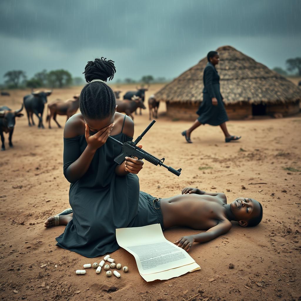 An emotionally charged scene showcasing a 17-year-old African teenage girl, crying on her knees while holding a pill
