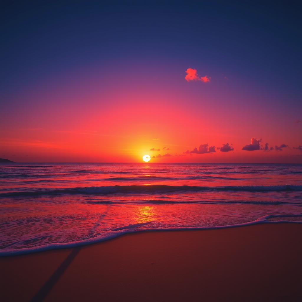 A serene beach sunset, with vibrant orange and pink hues blending into a deep blue sky