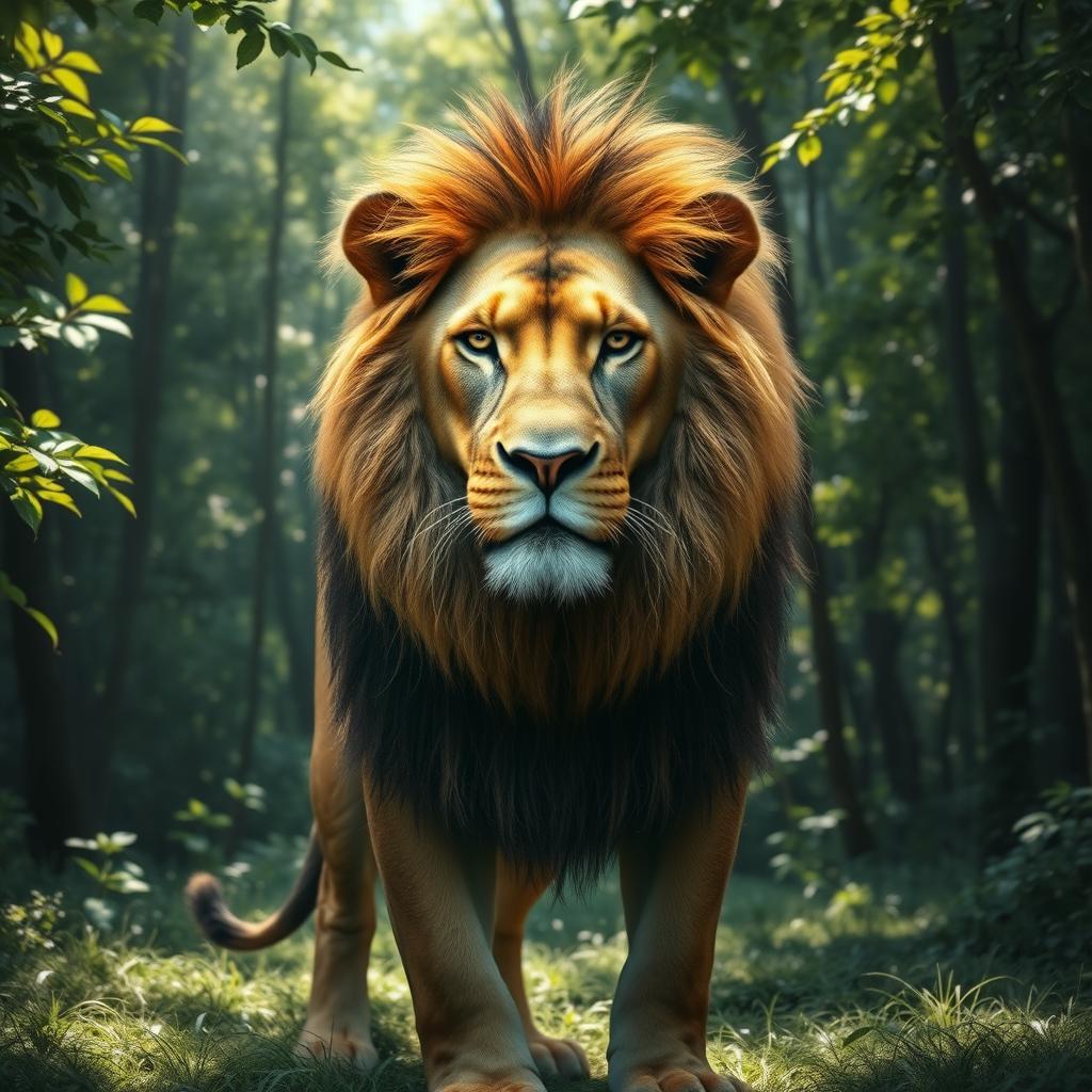A surreal artwork featuring a majestic lion standing in the middle of a lush forest, with a striking human face seamlessly blended into its features