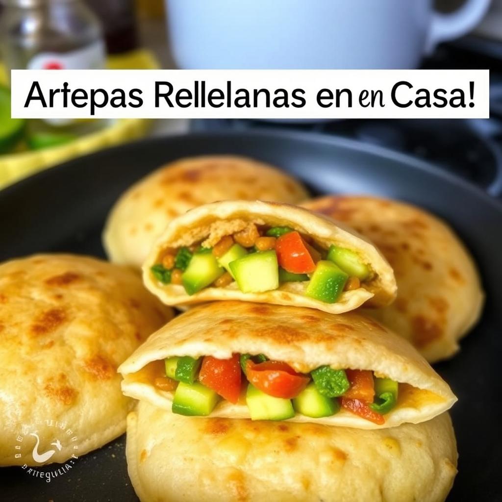 Delicious golden arepas fresh from the pan, opened up to reveal their colorful filling, featuring a Reina Pepiada style with avocado