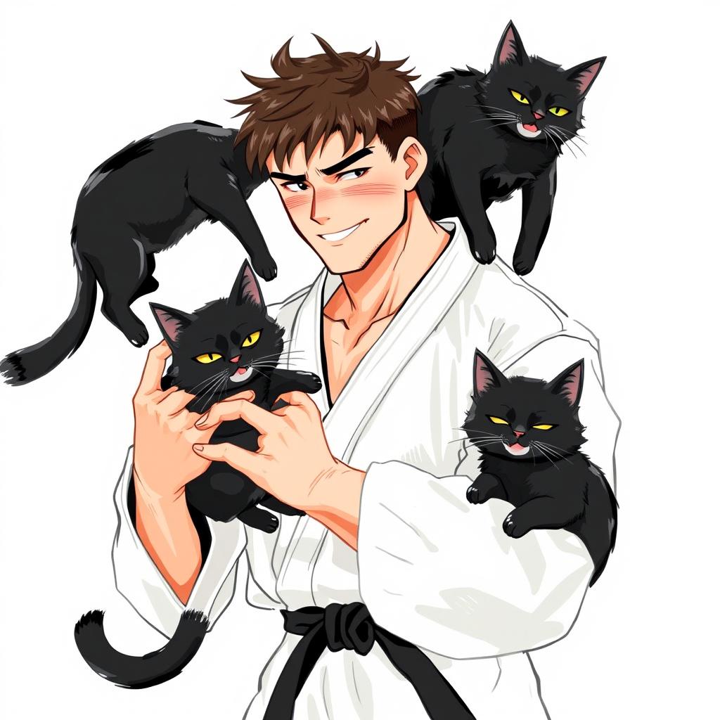 An artistic illustration of a black belt fighter gently petting two black cats