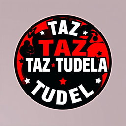 A bold circular design featuring the letters 'TAZ TUDELA' at the center, styled in a dynamic and prominent font that reflects energy and strength
