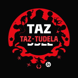 A bold circular design featuring the letters 'TAZ TUDELA' at the center, styled in a dynamic and prominent font that reflects energy and strength