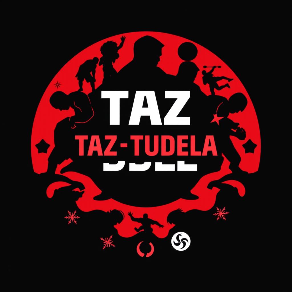 A bold circular design featuring the letters 'TAZ TUDELA' at the center, styled in a dynamic and prominent font that reflects energy and strength