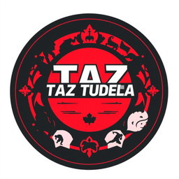 A bold circular design featuring the letters 'TAZ TUDELA' at the center, styled in a dynamic and prominent font that reflects energy and strength