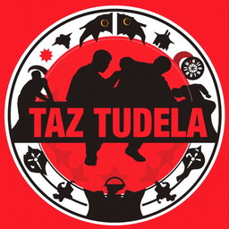 A bold circular design featuring the letters 'TAZ TUDELA' at the center, styled in a dynamic and prominent font that reflects energy and strength