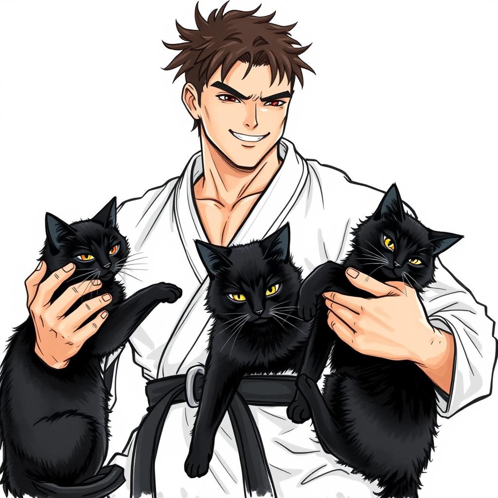 An artistic drawing of a black belt fighter gently petting two beautiful black cats