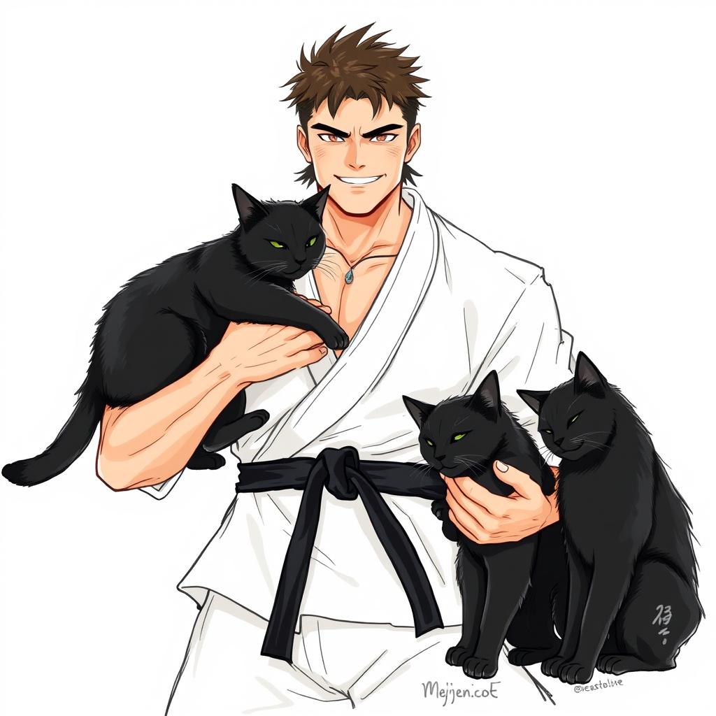 An artistic illustration of a black belt fighter caressing two black cats, serving as their protector