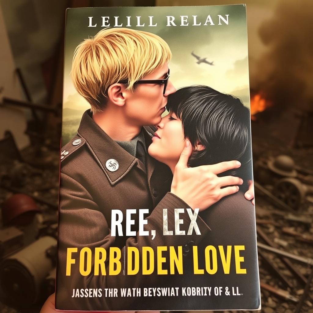 A German general and SS official, with short blond tomboy-style hair and glasses, passionately kissing her beloved Jewish partner, who has short black hair and dark eyes