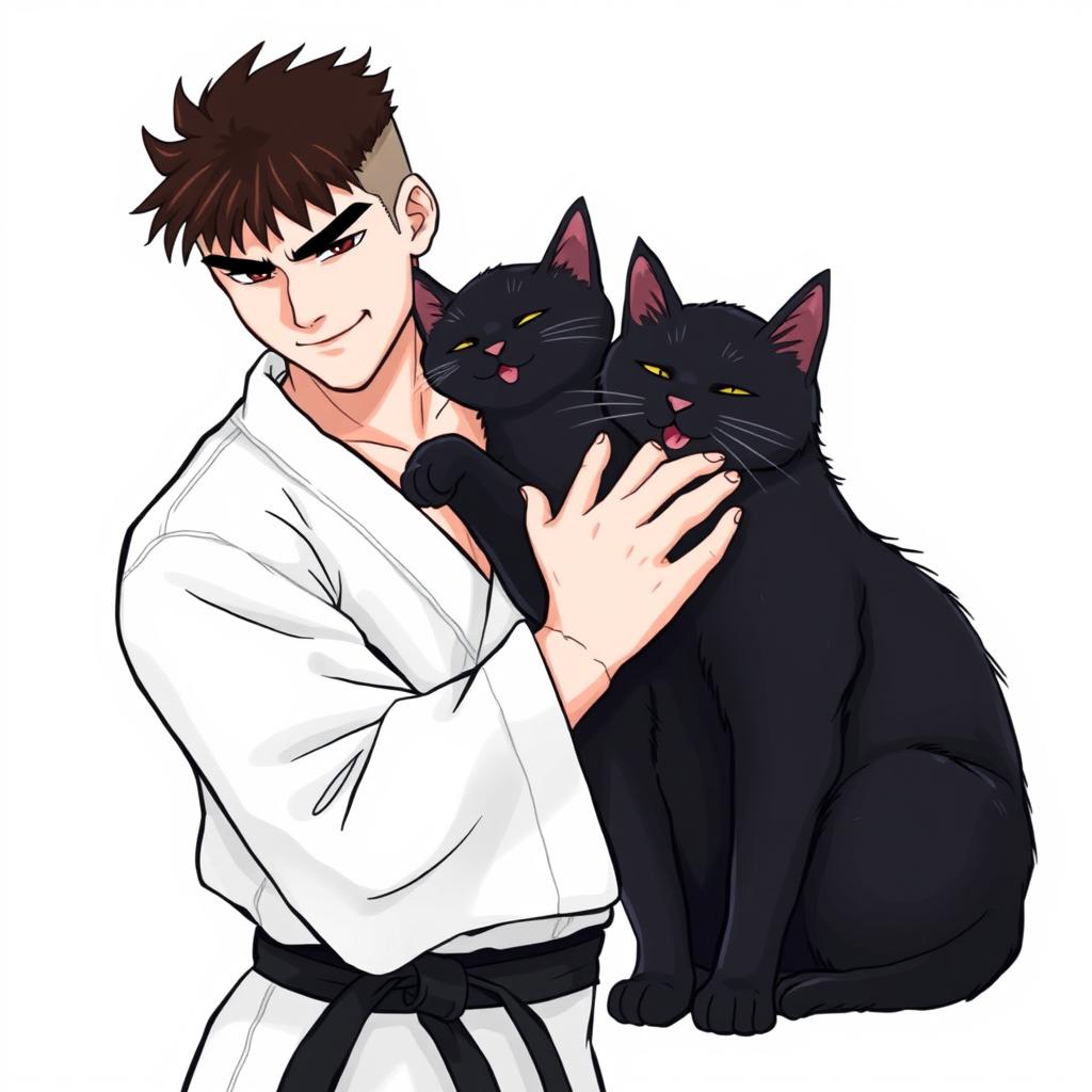 An artistic illustration of a black belt fighter gently petting two beautiful black cats