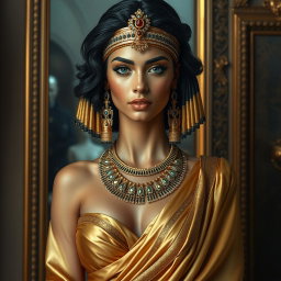 Cleopatra stands majestically, embodying supreme beauty
