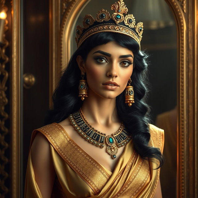 Cleopatra stands majestically, embodying supreme beauty