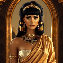 Cleopatra stands majestically, embodying supreme beauty