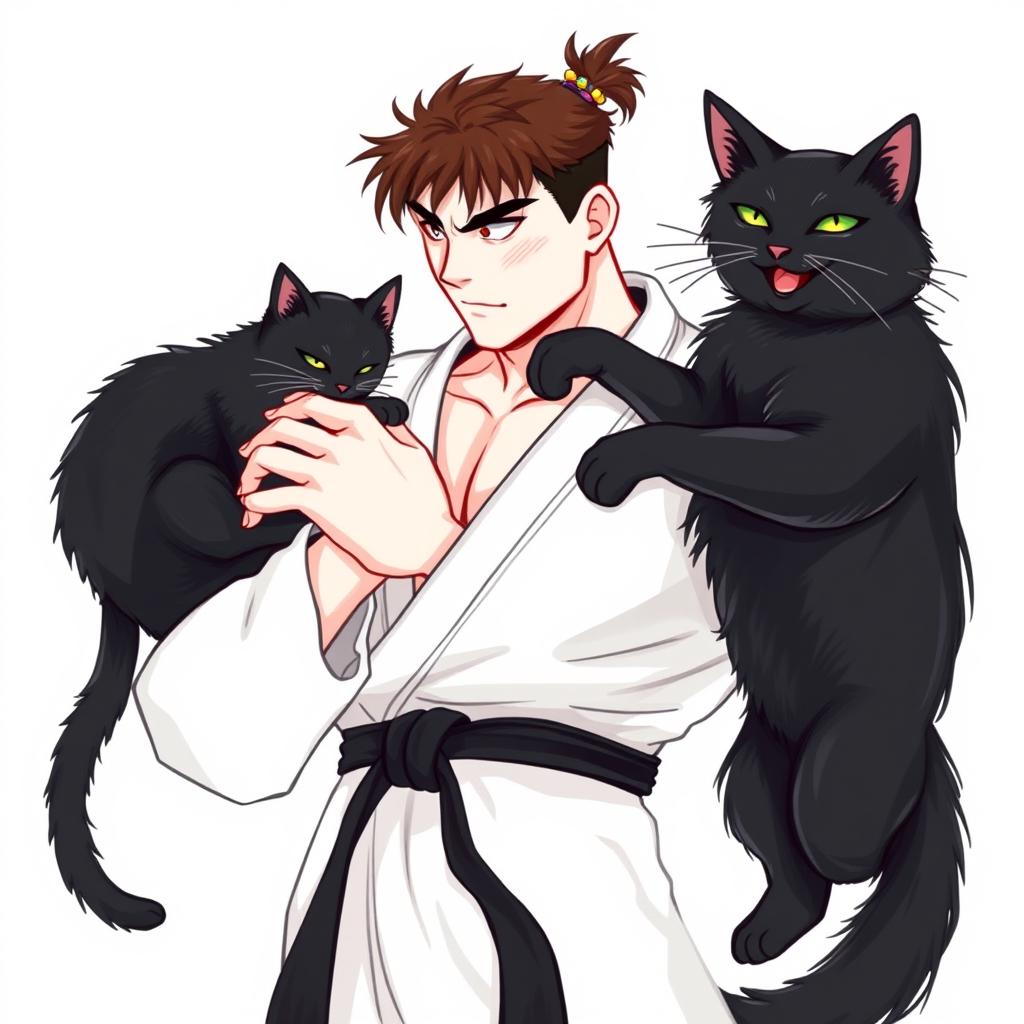 An artistic illustration of a black belt fighter tenderly petting two elegant black cats