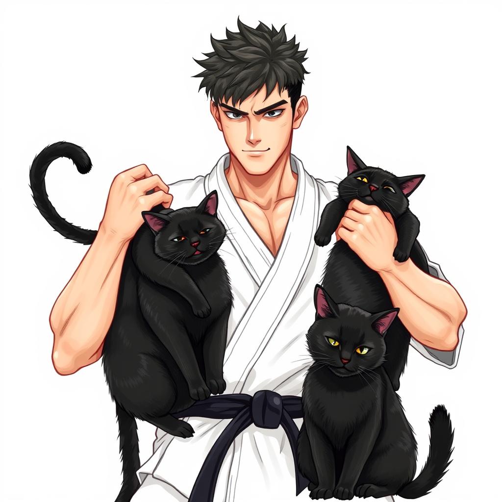 An artistic illustration of a black belt fighter gently petting two beautiful black cats