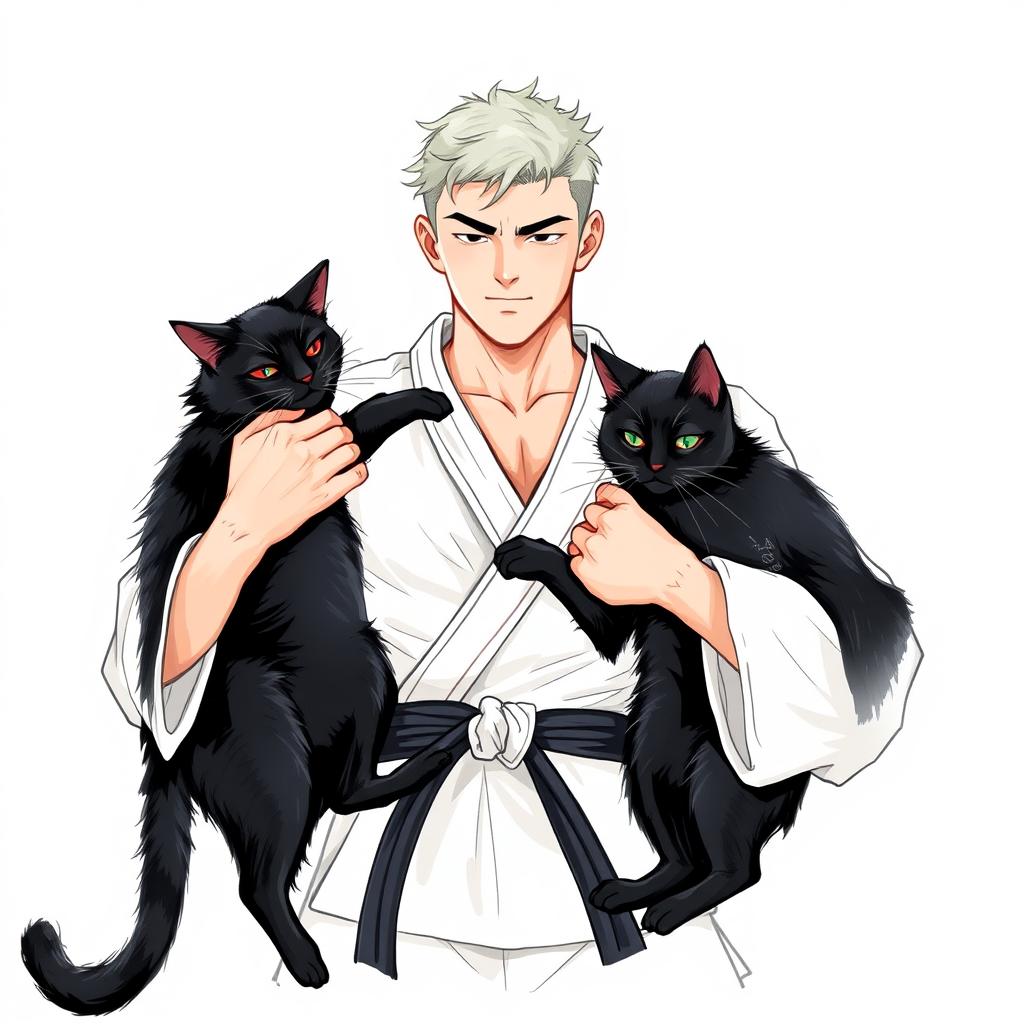 An artistic illustration of a black belt fighter tenderly petting two beautiful black cats