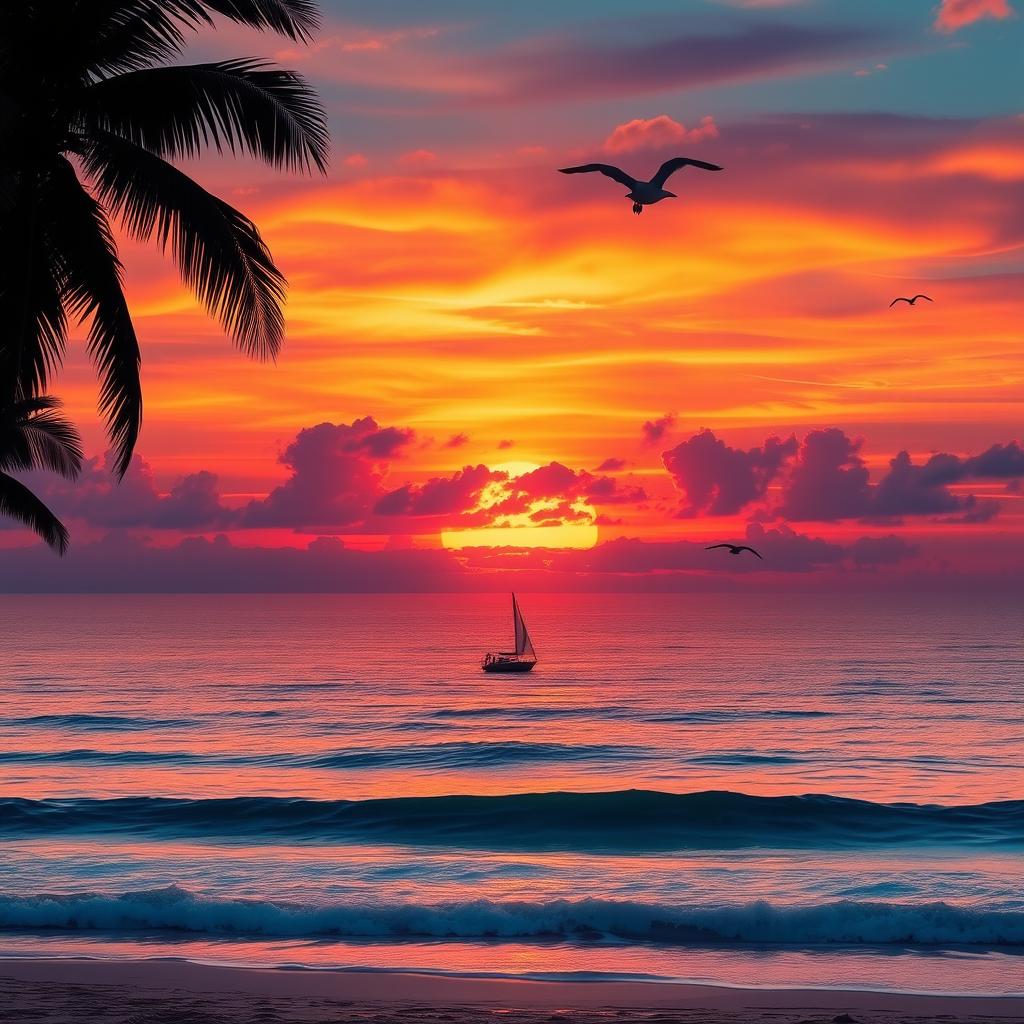 A majestic, sprawling sunset over a calm ocean, where vibrant hues of orange, pink, and purple blend beautifully in the sky