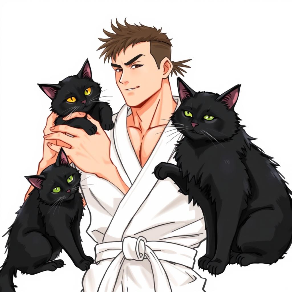 An artistic illustration of a black belt fighter affectionately petting two beautiful black cats