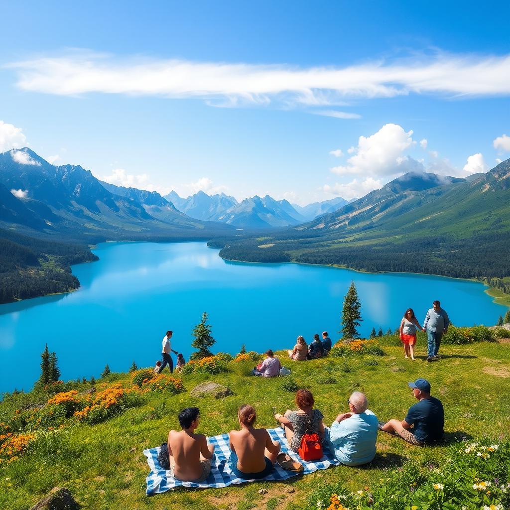 A serene landscape featuring beautiful lakes reflecting the clear blue sky, surrounded by lush greenery and vibrant flowers